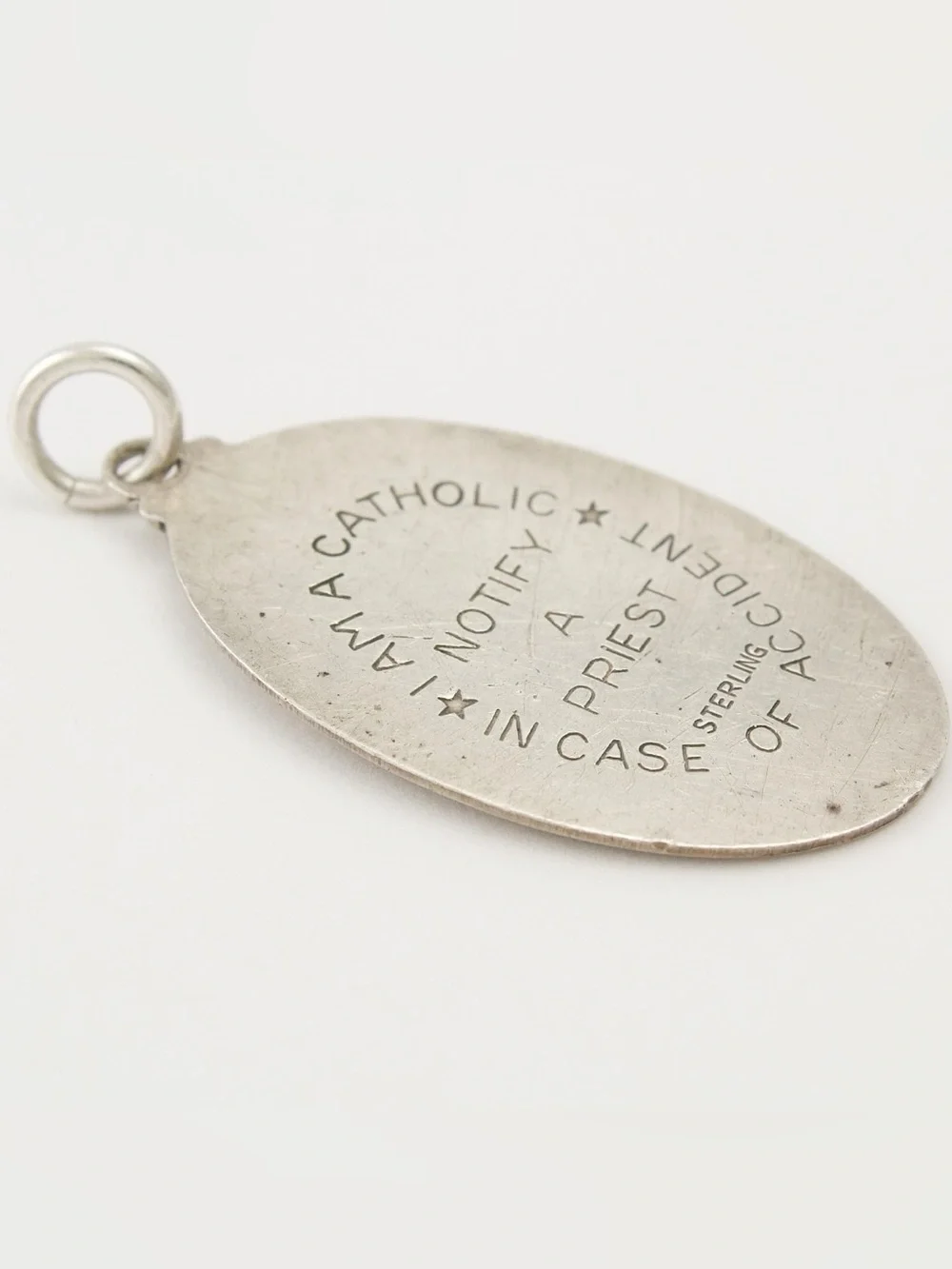 Vintage Sterling Silver “I am a Catholic, Notify a Priest” Necklace Pendant